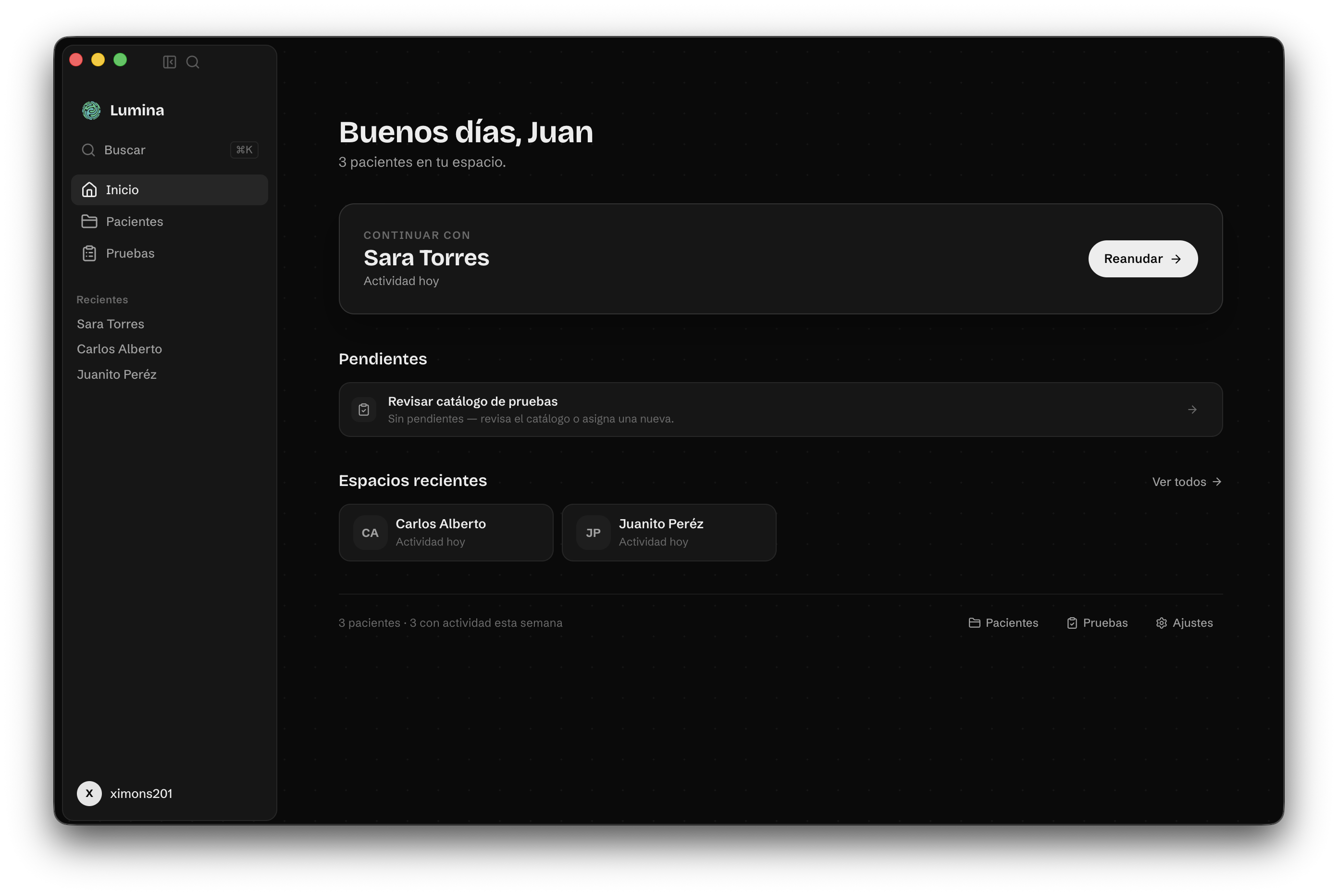 Pantalla de inicio — pacientes y sesiones activas