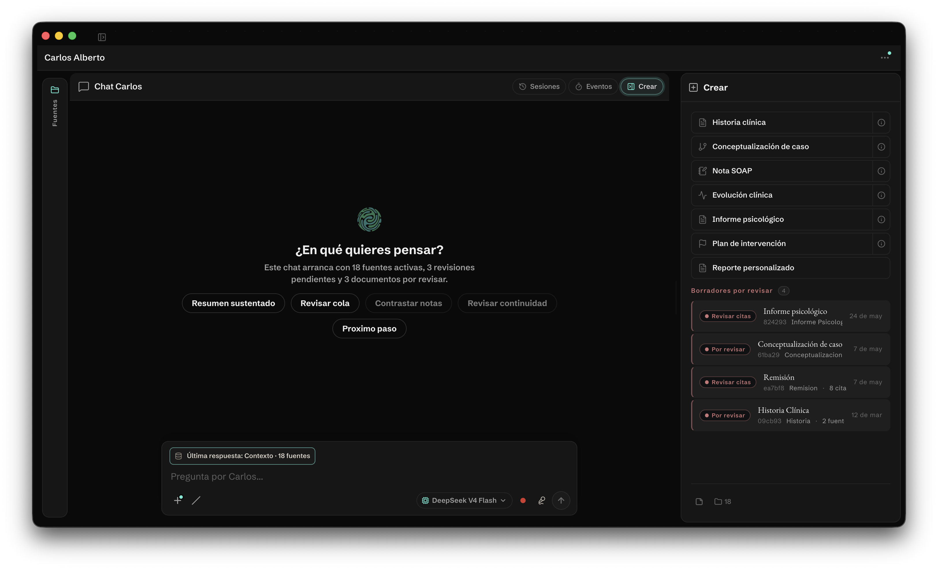 Espacio de trabajo clínico — chat con citaciones, creación de notas